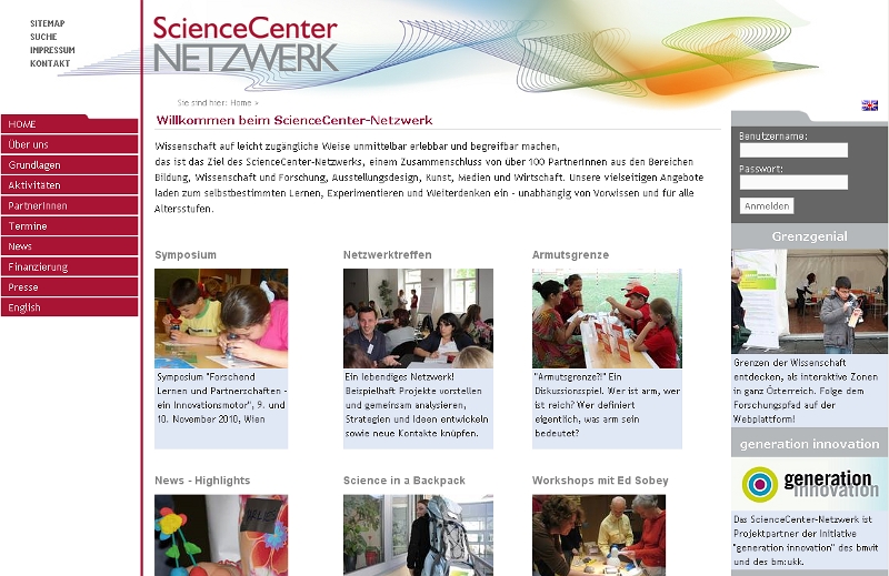 Screenshot Science Center Netzwerk Website